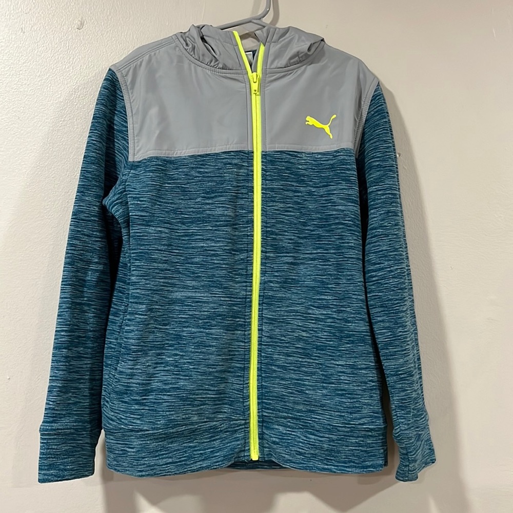 PUMA Boys Gray/Teal/Neon Fleece Jacket. Size 7/8.